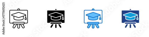 Education Board Multiple Style Icon Design Vector - graduation cap displayed on a board, symbolizing learning, knowledge, and education