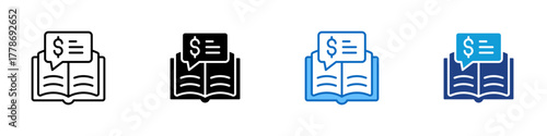 Financial Education Multiple Style Icon Design Vector - open book with a chat bubble and dollar symbol, representing learning about money and financial literacy