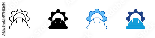 Engineering Helmet Multiple Style Icon Design Vector - safety helmet inside a gear, representing engineering, industry, and worker protection