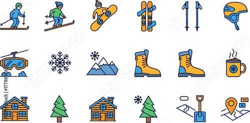 Colorful winter sports and recreation icon set.