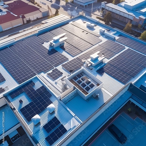 Aerial views over commercial building with over 600 solar panels installed