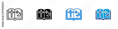 Holy Book Multiple Style Icon Design Vector - open religious book showing a cross and crescent moon, symbolizing faith and spirituality