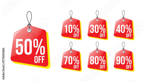 Red Discount Price Tag Collection - Multiple Percentages Off Set 50% OFF Hanging tags