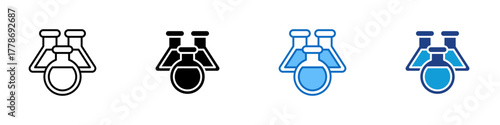 Laboratory Flasks Multiple Style Icon Design Vector - Three overlapping flasks symbolizing science, chemistry experiments, and laboratory equipment