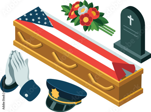 Isometric Military Funeral Casket Vector with Flag Drape, Gravestone, and Praying Hands