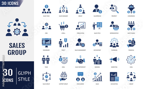 Sales group icon set. Containing icons: sales department, salesperson, prospect, sales report, marketing, sales pitch and more. Vector illustration