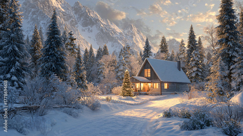 Winter landscape with snow-covered trees, soft morning light, and a cozy cabin with warm glowing windows and Christmas wreath on the door 