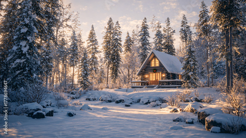 Winter landscape with snow-covered trees, soft morning light, and a cozy cabin with warm glowing windows and Christmas wreath on the door 