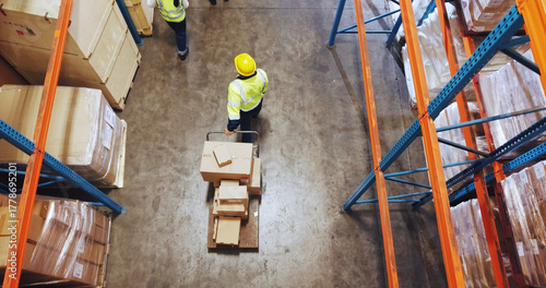 Obraz na płótnie Logistics, man or walking with trolley in warehouse to transport boxes, supply chain or shipping