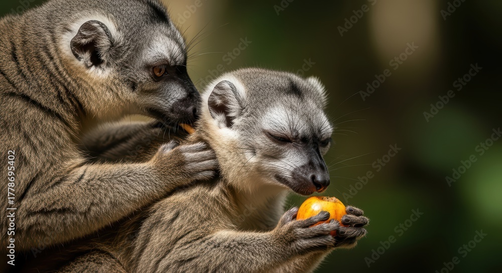 Naklejka premium Two ring-tailed lemurs interacting in natural habitat with fruit