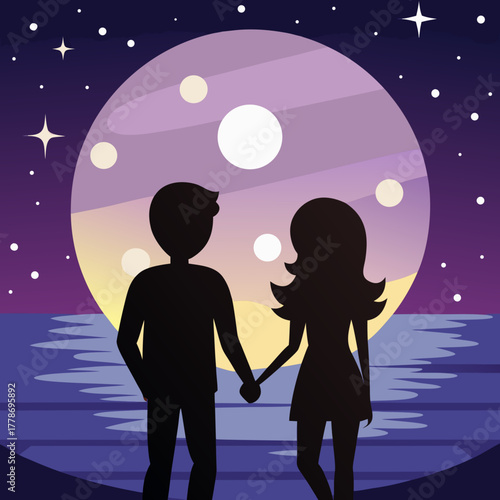 Romantic couple holding hands under a large full moon and starry night sky over the ocean silhouette isolated on white background