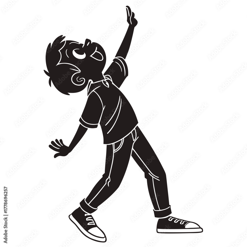 Obraz premium Joyful cartoon boy silhouette reaching upwards with excitement and wonder isolated on white background