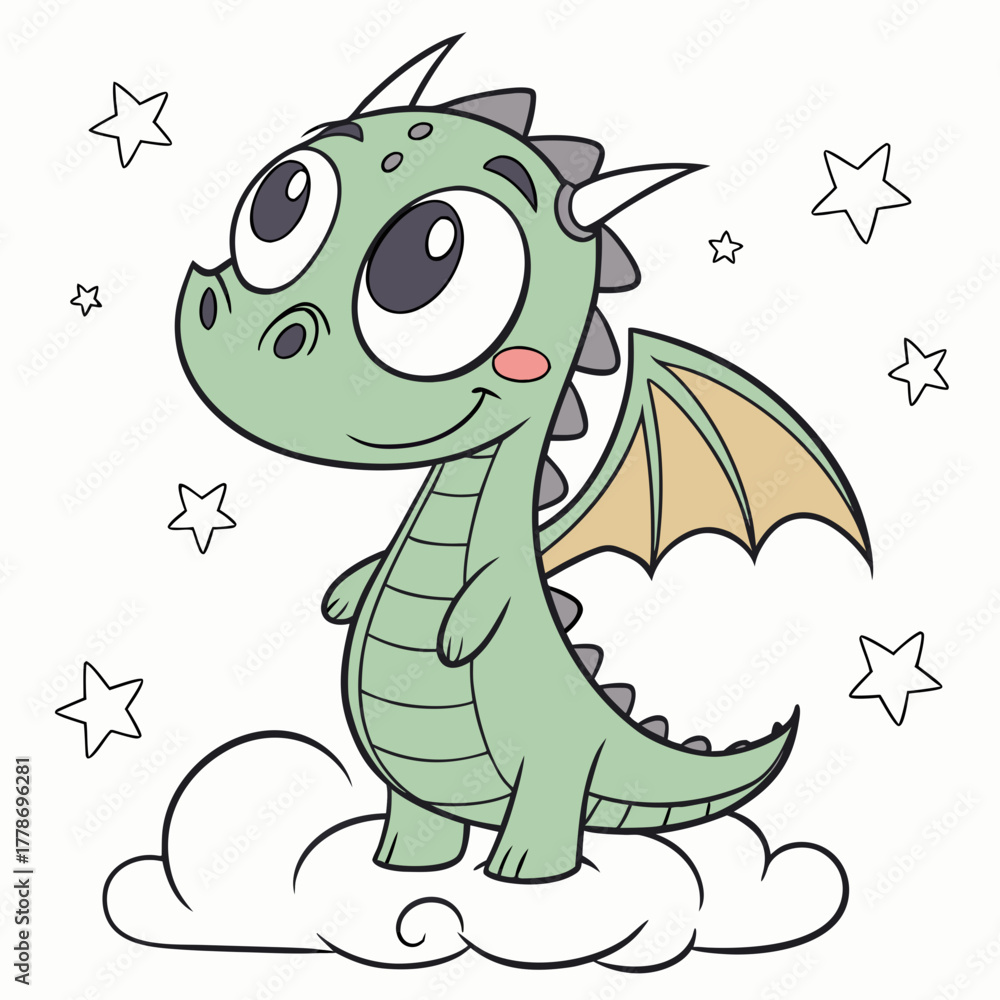 Fototapeta premium A cute cartoon baby dragon with big eyes and wings sitting on a cloud surrounded by stars isolated on white background silhouette