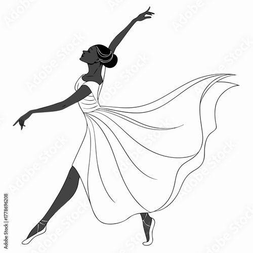 Elegant black silhouette of a ballerina in a flowing white dress performing a graceful pose isolated on white background silhouette