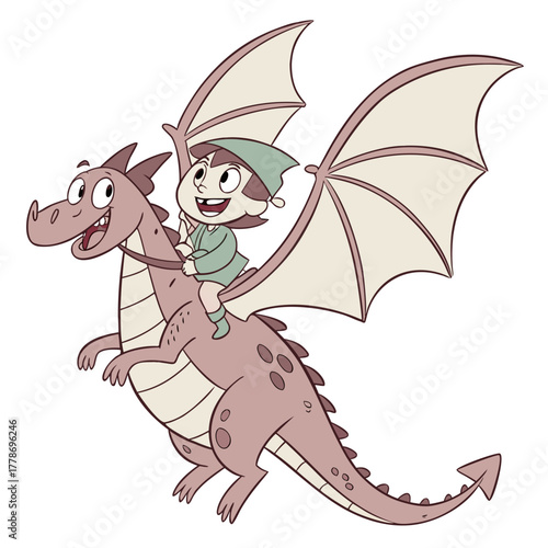 A cheerful child wearing a green hat and tunic rides a friendly dragon with large wings isolated on white background silhouette
