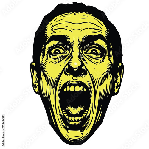 Stylized graphic illustration of a man's face screaming in terror, rendered in high-contrast yellow and black with dramatic shadows.