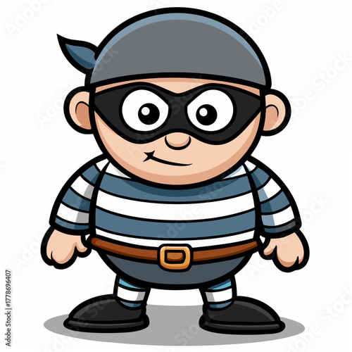 Cartoon thief wearing a striped shirt and mask with a bandana and belt isolated on white background silhouette