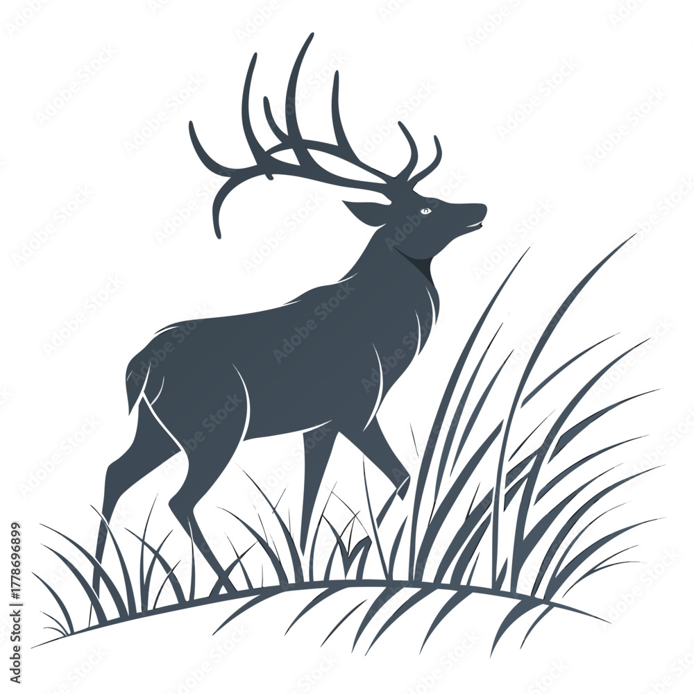 Obraz premium Majestic dark gray stag with large antlers walking through tall grass in a minimalist silhouette style isolated on white background