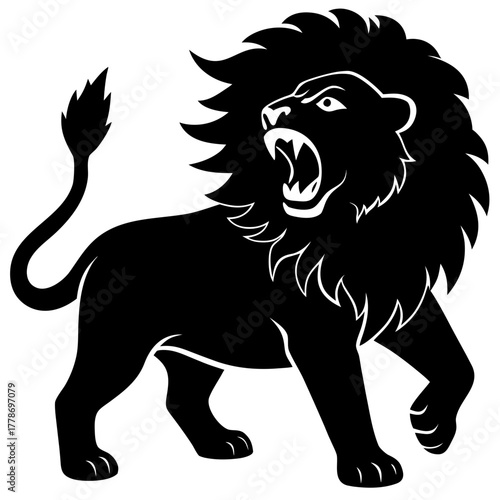 Fierce black silhouette of a roaring lion with a magnificent mane and tail isolated on white background silhouette