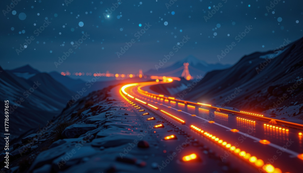 Naklejka premium Strategic Planning for Milestone Journey Futuristic Roadmap at Night Scenic Location Enchanted Landscape