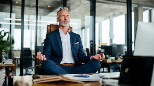 Modern manager meditating beside a laptop in a sunlit office—symbol of balanced productivity, emotional intelligence and calm decision‑making in high‑pressure environments