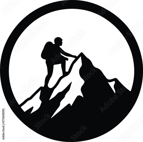 Vector mountain climber reaches peak in graphic logo style silhouette illustration