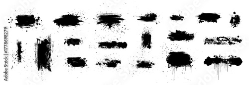 Paint splash splatter ink brush blobs set. Grunge vector black spray stains. Watercolor texture background. blot and drip drops. Dirty liquid spots, rough dust, grain pattern. Graffiti abstract art bg