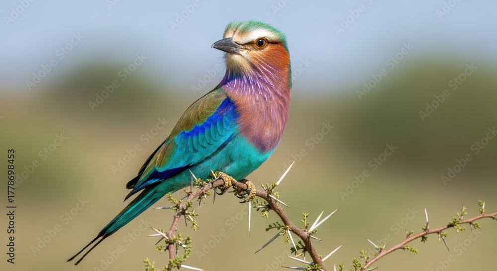 Obraz premium Vibrant lilac-breasted roller perched on thorny branch in natural habitat