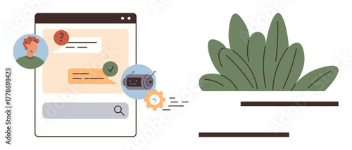 Chat interface handling user queries with chatbot icon, search bar, AI elements, and leafy design. Ideal for communication, digital assistant, AI technology, innovation, chatbot workflow inquiry