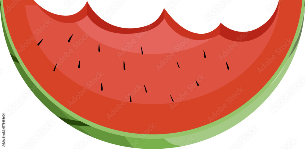 Obraz premium Bitten Watermelon Slice Illustration. Juicy Summer Fruit with Green Rind and Seeds, Isolated on White.