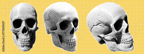 Halftone skull. Punk collage. Vintage gothic skeleton head in trendy y2k pop art style.