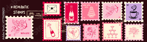 Romantic Valentine stamp set in ink vintage style. Hand drawn cupids, love letter, champagne bottle, bouquet, cake, gift box, cocktail toast, ring.