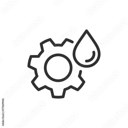 Gear with oil drop, linear icon. Machinery lubrication and maintenance. Line with editable stroke.