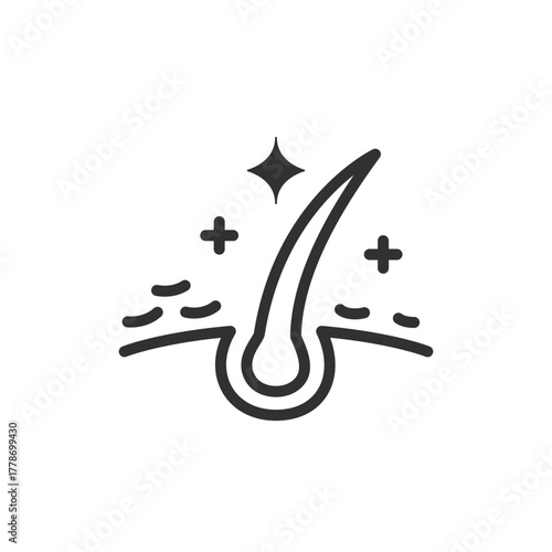 Healthy hair with sparkle, linear icon. Dandruff treatment and scalp care. Line with editable stroke.