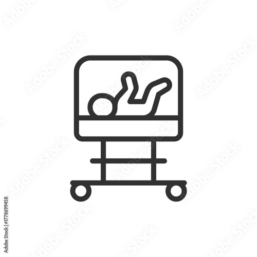 Infant incubator, linear icon. Neonatal care and premature baby support. Line with editable stroke.