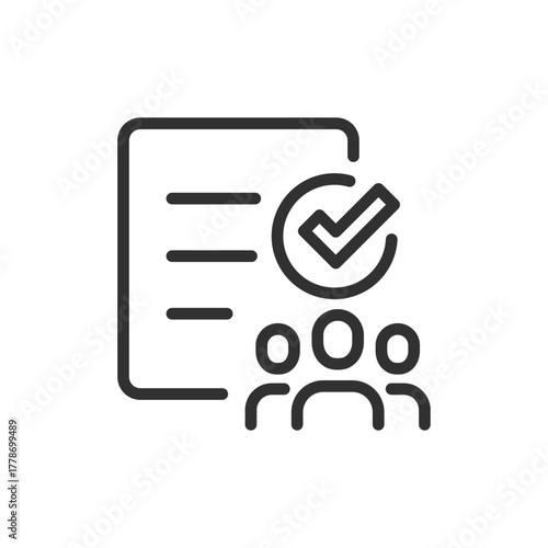 Checklist and people, linear icon. Team approval and document verification. Line with editable stroke.