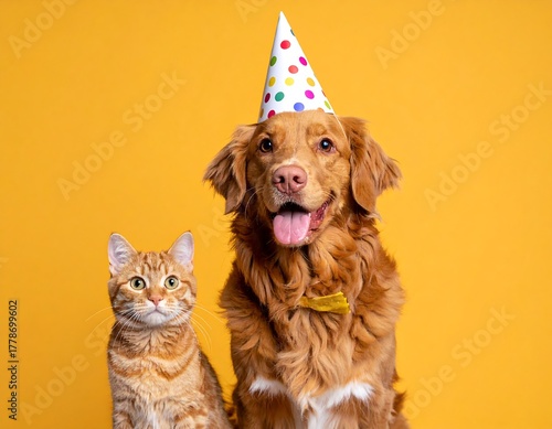 Portrait of a cat and dog posing together, with a party hat