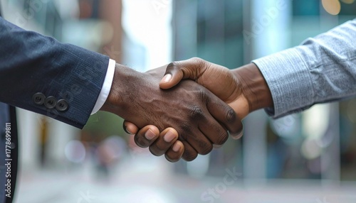 Two Businessmen making handshake with partner on business center background.