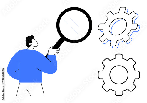 Man holding magnifying glass examining two mechanical gears, symbolizing analysis, research, innovation, problem-solving, workflow, and process efficiency. Ideal for productivity, teamwork strategy