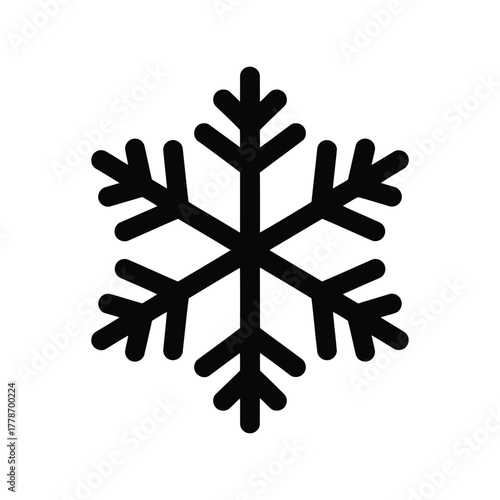 Simple stylized black snowflake icon graphic design element winter season frost cold weather symbol isolated on white background