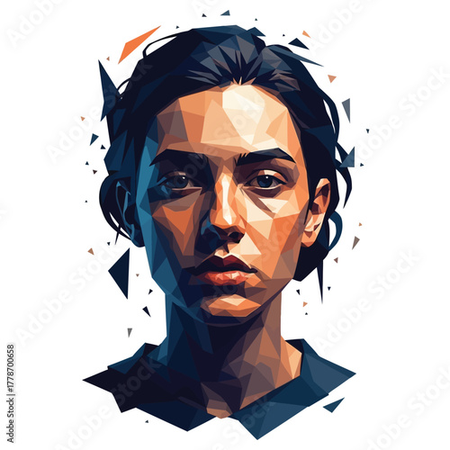 A striking low-poly portrait of a woman, rendered with geometric shapes and a modern aesthetic.