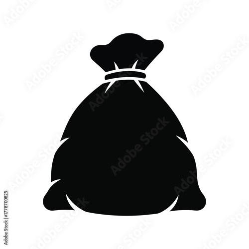 Silhouette of a full drawstring money bag conveying wealth and fortune in a simple graphic icon style isolated on white background