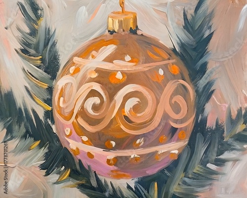 A detailed oil painting of a sparkling gold Christmas ornament hanging on a pine branch, surrounded by warm festive lights and soft brush textures.