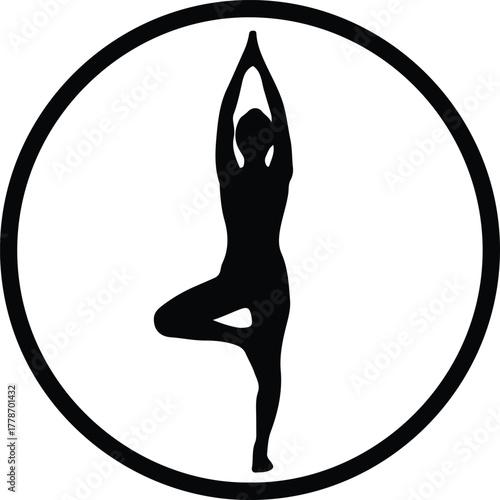 Vector silhouette of woman in yoga tree pose inside circle illustration