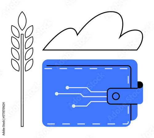 Blue digital wallet with circuit pattern, cloud outline, and wheat stalk. Ideal for technology, finance, sustainability, cloud applications, agriculture innovation, modern economy simple flat