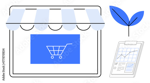 Storefront with shopping cart, plant symbolizing growth, data chart on clipboard. Ideal for e-commerce, retail, business growth, analytics, sustainability, marketing strategy in simple flat metaphor