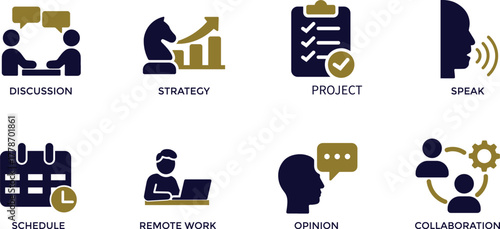 Set of 8 flat business and communication icons in a modern navy blue and gold color scheme. Includes Discussion, Strategy, Project, Speak, Schedule, Remote Work, Opinion, and Collaboration. Ideal for 