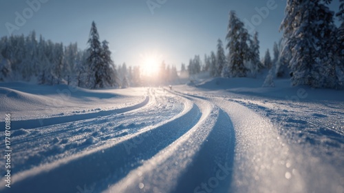 A tranquil winter landscape showcasing ski tracks in fresh snow under a bright morning sun.