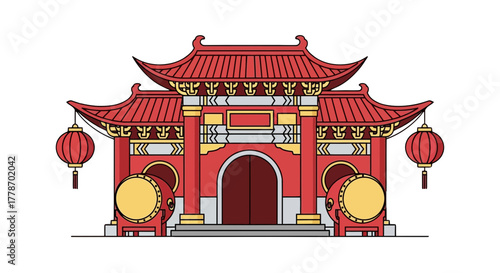 Traditional Chinese temple gate with red lanterns and drums vector illustration.