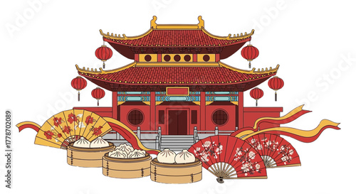 Traditional Chinese Temple with Dim Sum and Decorative Fans.